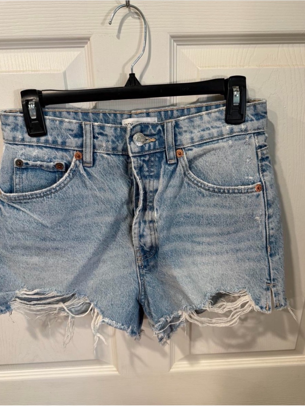 High-Rise Distressed Denim Shorts - Light Blue